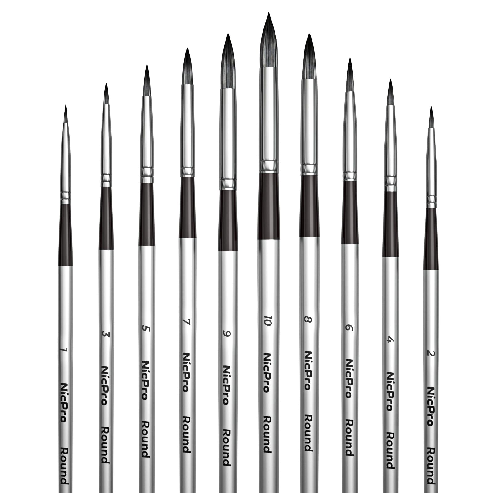 Nicpro 10 Nylon Aquarellpinsel Set - Runde Pinsel für Künstler, Wasserfarben & Acryl, ideal für Bildende Kunst & Malen n