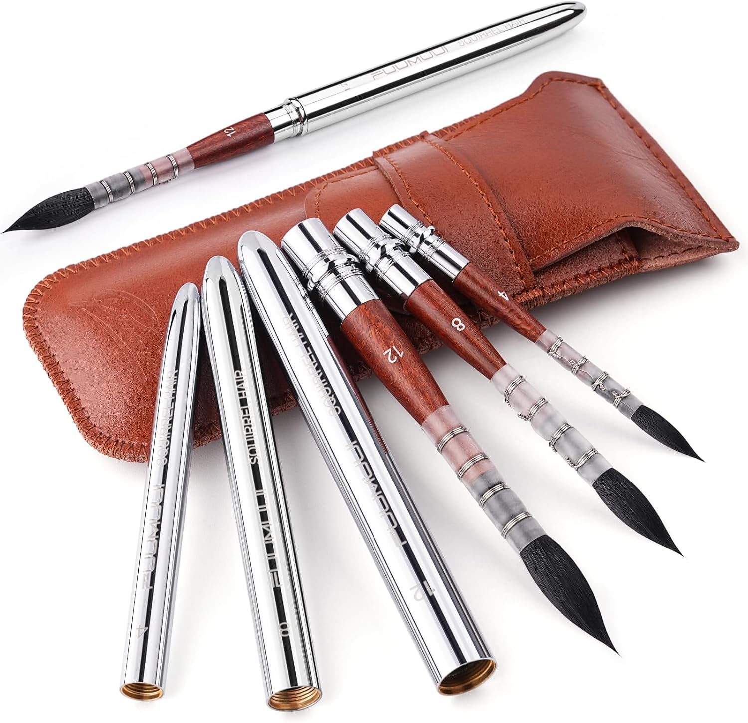 Reise Aquarellpinsel 3er Set Natürliches Eichhörnchenhaar mit Ledertasche | Hohe Farbtragkraft & Exzellente Sprungkraft 