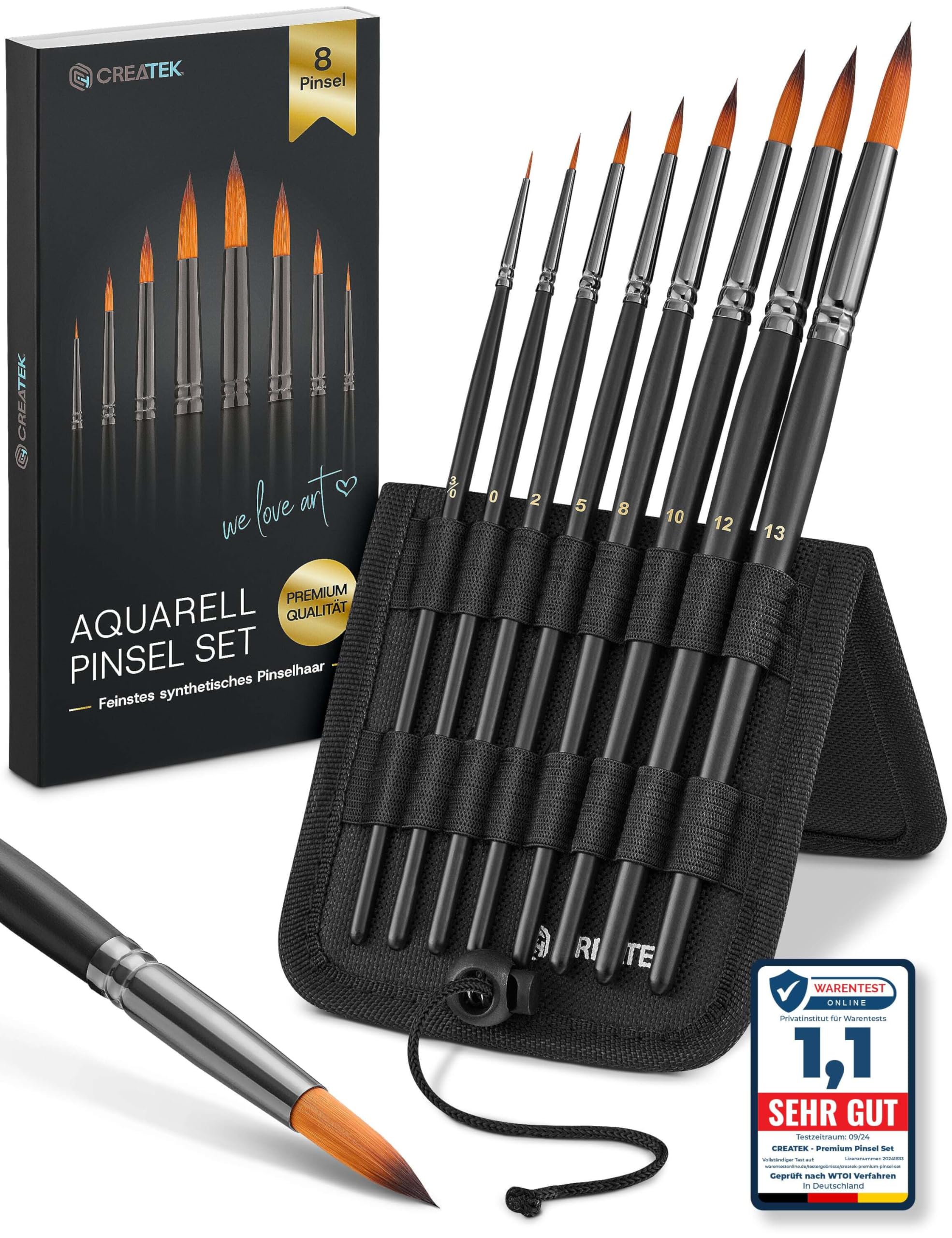 CreaTek Premium Aquarellpinsel Set 8er - Synthetisches Rotmarder Haar - Inkl. Aufsteller für Künstler
